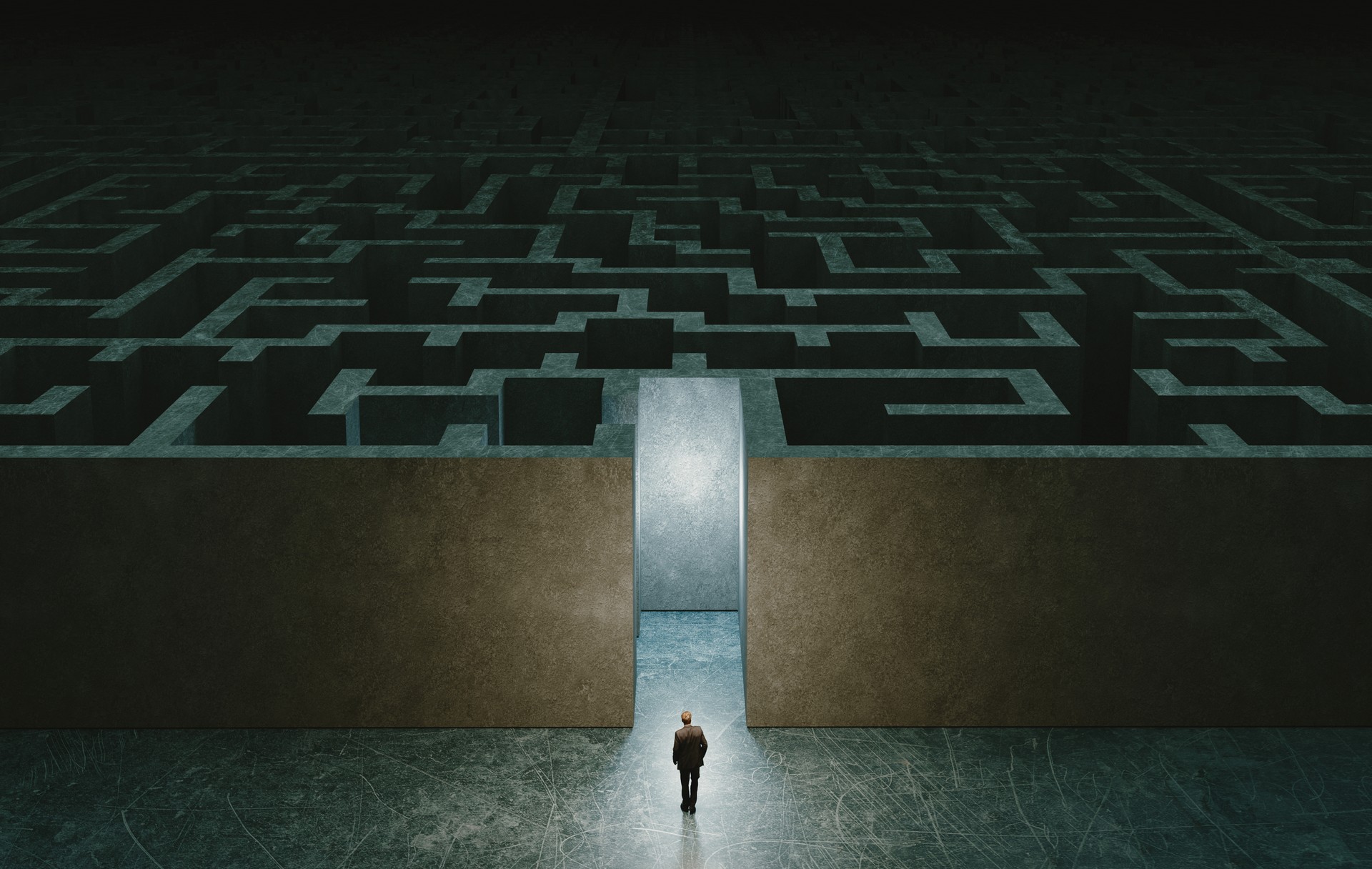 Businessman standing in front of the entrance to the maze. Solution concept. 3d rendering